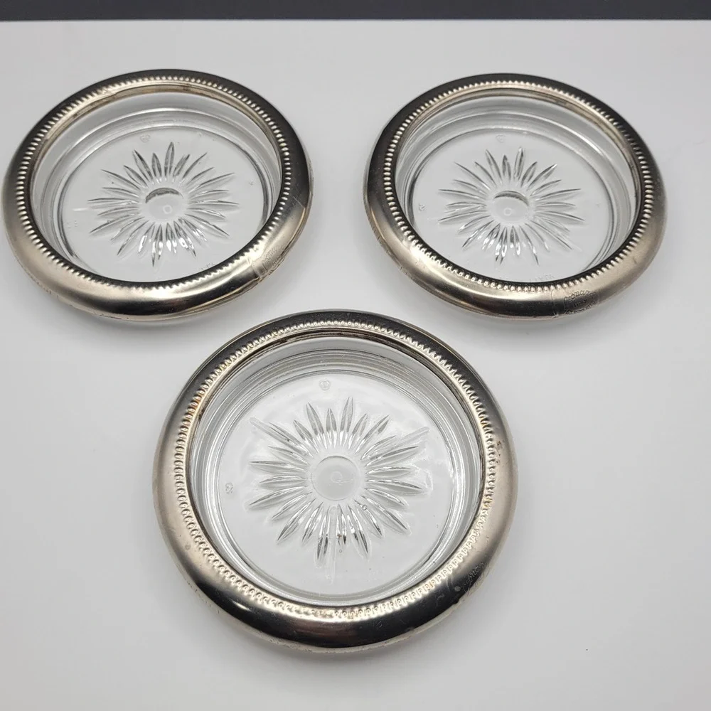 Leonard Silverplate Glass Coasters Set of 3 Made in Italy Sunburst Beaded Rim